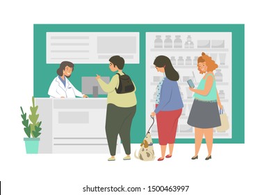 Pharmacy With Nurse In Counter And Visitors Flat Vector Illustration. Pharmacist Advice A Man Drug Treatment. The Concept Of The Season Of Colds, Treatment For The Virus And Disease, Medications Sale.