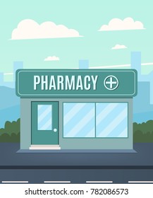 Pharmacy on the background of the city. Pharmacy facade. Vector illustration in a flat style