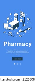Pharmacy online application mobile homepage user interface isometric vector illustration. Internet drugstore commercial service for buying remedy, cure, treatment, emergency aid, healthcare therapy