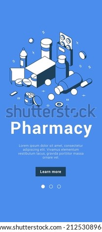 Pharmacy online application mobile homepage user interface isometric vector illustration. Internet drugstore commercial service for buying remedy, cure, treatment, emergency aid, healthcare therapy