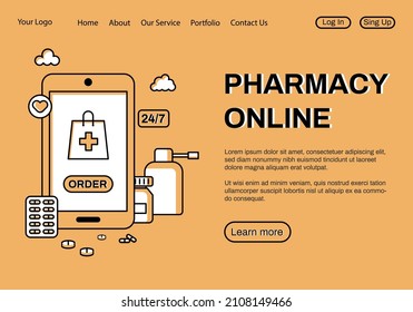 Farmacia online. Plantilla de página de inicio. Pedir medicamentos. Teléfono móvil, cápsulas, pulverización de garganta, tabletas. Ilustración de material vector en diseño plano