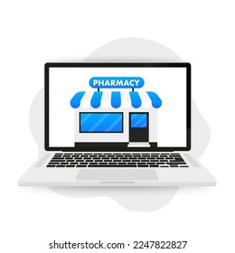 Farmacia en línea en el sitio web. Tienda online, concepto de tienda en pantalla portátil. Ilustración del vector