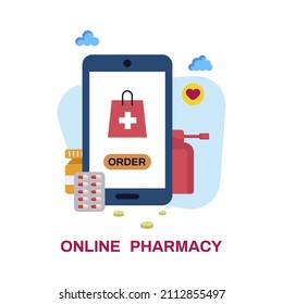 Farmacia online. Pedir medicamentos. Teléfono móvil, cápsulas, pulverización de garganta, tabletas. Ilustración de material vector en diseño plano