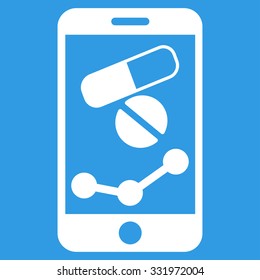 Pharmacy Online Report vector icon. Style is flat symbol, white color, rounded angles, blue background.