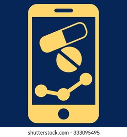 Pharmacy Online Report vector icon. Style is flat symbol, yellow color, rounded angles, blue background.