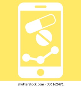 Pharmacy Online Report vector icon. Style is flat symbol, white color, rounded angles, yellow background.