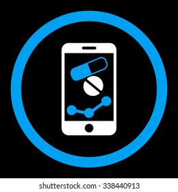 Pharmacy Online Report vector icon. Style is bicolor flat rounded symbol, blue and white colors, rounded angles, black background.