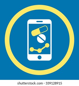 Pharmacy Online Report vector icon. Style is bicolor flat rounded symbol, yellow and white colors, rounded angles, blue background.