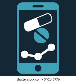 Pharmacy Online Report vector icon. Style is bicolor flat symbol, blue and white colors, rounded angles, dark blue background.