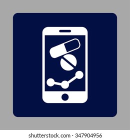Pharmacy Online Report vector icon. Style is flat rounded square button, white and dark blue colors, silver background.