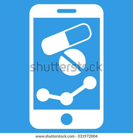 Pharmacy Online Report vector icon. Style is flat symbol, white color, rounded angles, blue background.