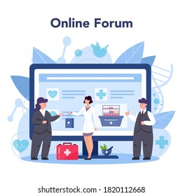 Pharmacy online service or platform. Pharmacist holding a bag with pharmacy drug in bottle and box for disease treatment. Online forum. Isolated vector illustration