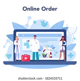 Pharmacy online service or platform. Pharmacist holding a bag with pharmacy drug in bottle and box for disease treatment. Online order. Isolated vector illustration