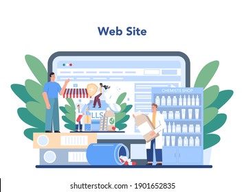 Pharmacy online service or platform. Pharmacist selling drugs in bottle and box for disease treatment. Healthcare concept. Website. Isolated vector illustration