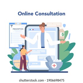 Pharmacy online service or platform. Pharmacist selling drugs in bottle and box for disease treatment. Healthcare concept. Online consultation. Isolated vector illustration