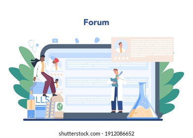 Pharmacy online service or platform. Pharmacist selling drugs in bottle and box for disease treatment. Healthcare concept. Online forum. Isolated vector illustration