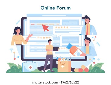 Pharmacy online service or platform. Pharmacist preparing