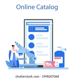 Pharmacy online service or platform. Pharmacist preparing and selling drugs for disease treatment. Healthcare and medical treatment. Online catalog. Flat vector illustration