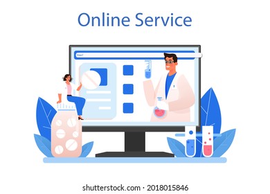 Pharmacy online service or platform. Pharmacist preparing and selling drugs for disease treatment. Healthcare and medical treatment. Flat vector illustration