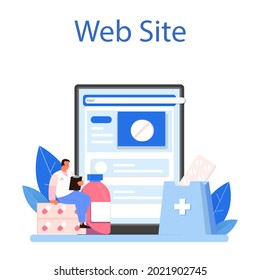 Pharmacy online service or platform. Pharmacist preparing and selling drugs for disease treatment. Healthcare and medical treatment. Website. Flat vector illustration