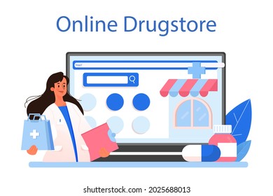 Pharmacy online service or platform. Pharmacist preparing and selling drugs for disease treatment. Healthcare and medical treatment. Online dugstore. Flat vector illustration