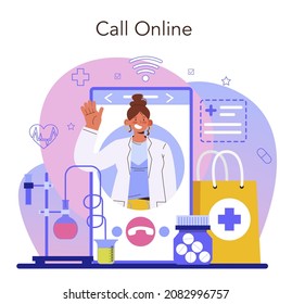 Pharmacy online service or platform. Pharmacist selling drugs for disease treatment. Healthcare and medical treatment. Online call. Flat vector illustration