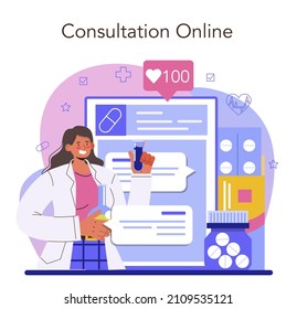 Pharmacy online service or platform. Pharmacist selling drugs for disease treatment. Healthcare and medical treatment. Online consultation. Flat vector illustration