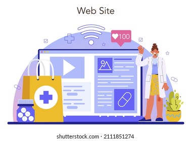 Pharmacy online service or platform. Pharmacist selling drugs for disease treatment. Healthcare and medical treatment. Website. Flat vector illustration