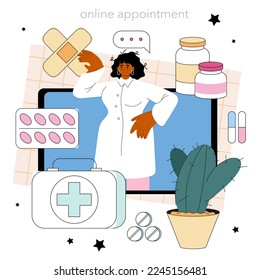 Pharmacy online service or platform. Pharmacist preparing and selling drugs for diseases treatment. Healthcare worker. Online appointment. Flat vector illustration