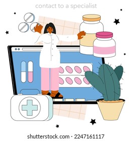 Pharmacy online service or platform. Pharmacist preparing and selling drugs for diseases treatment. Healthcare worker. Online contacts. Flat vector illustration