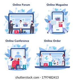 Pharmacy online service or platform set. Pharmacist holding a bag with pharmacy drug in bottle and box for disease treatment. Online forum, magazine, conference, order. Isolated vector illustration