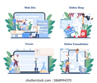 Pharmacy online service or platform set. Pharmacist selling drugs in bottle and box for disease treatment. Healthcare concept. Online shop, forum, consultation, website. Isolated vector illustration