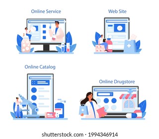 Pharmacy online service or platform set. Pharmacist preparing and selling drugs for disease treatment. Healthcare and medical treatment. Online dugstore, catalog, website. Flat vector illustration