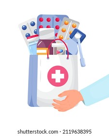 Pharmacy online shop concept for Ui, web, homepage. Hand of pharmacist give bag with medications, pills. Bottle, spray, medical bag are shown.