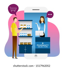 Pharmacy online store with customer to order drug, vector, illustration.