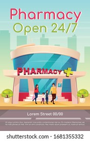 Pharmacy open 24 7 poster flat vector template. Medicine and healthcare. Medication available everyday. Brochure, booklet one page concept design with cartoon characters. Drugstore flyer, leaflet