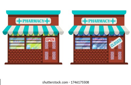 The pharmacy is open and closed. illustrations of the exterior facade of the state task.A collection of store facades isolated on a white background.Vector illustration in flat style