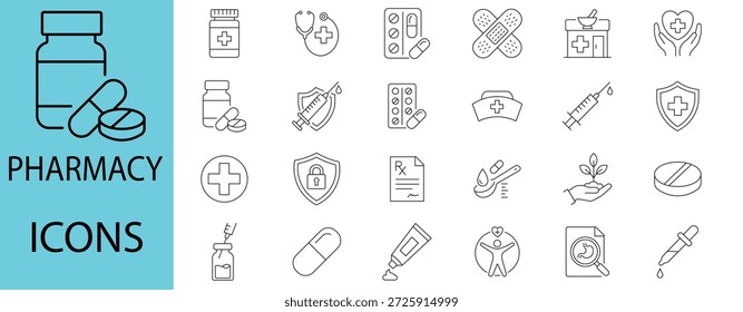 Conjunto de iconos de esquema de farmacia. Contiene medicamentos, píldoras, medicamentos recetados, medicamentos, farmacias, dosis, cápsulas y más. Iconos de línea colección de Vector, Editable...

