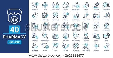 Pharmacy outline icon set. Containing medicine, pill, prescription, medication, pharmacist, dosage, capsule and more. Line icons vector collection.