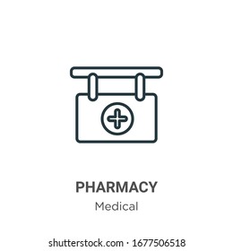 Pharmacy-Umriss-Vektorsymbol. Dünne schwarze Apotheke Symbol, flache Vektorgrafik mit einfachem Element aus bearbeitbarem medizinischen Konzept einzeln auf weißem Hintergrund