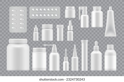 Pharmacy package of vitamins and cosmetics, drug pills or capsules. Vector realistic mockup of essential nutrients and skincare products in bottles, sprayers, blisters or tubes for health and wellness