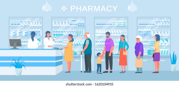 Pharmacy, people medicines buyers queue, smiling pharmacist seller vector illustration. Different pharmacy clients pregnant woman, elderly, man with child stand in line. Shelves with drugs.