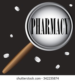 Pharmacy. Pharmaceutical research with magnifier