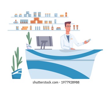 Pharmacy with pharmacist behind counter which offers medicine. Modern interior design. Drugstore cartoon vector illustration