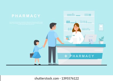 pharmacy with pharmacist and client in counter. drugstore cartoon character design vector illustration