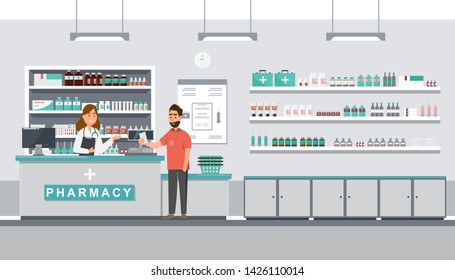 pharmacy with pharmacist and client in counter. drugstore cartoon character design vector illustration