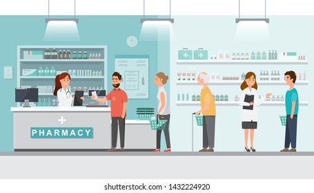 pharmacy with pharmacist and client in counter. drugstore cartoon character design vector illustration