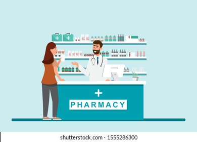 Pharmacy With Pharmacist And Client In Counter. Drugstore Cartoon Character Design Vector Illustration