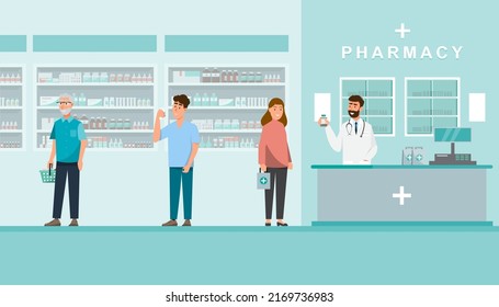 pharmacy with pharmacist and client in counter. drugstore cartoon character design vector illustration