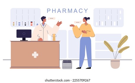 Apotheke mit Apotheker und Kunde im Schalter. Drugstore Cartoon-Zeichendesign, Vektorgrafik